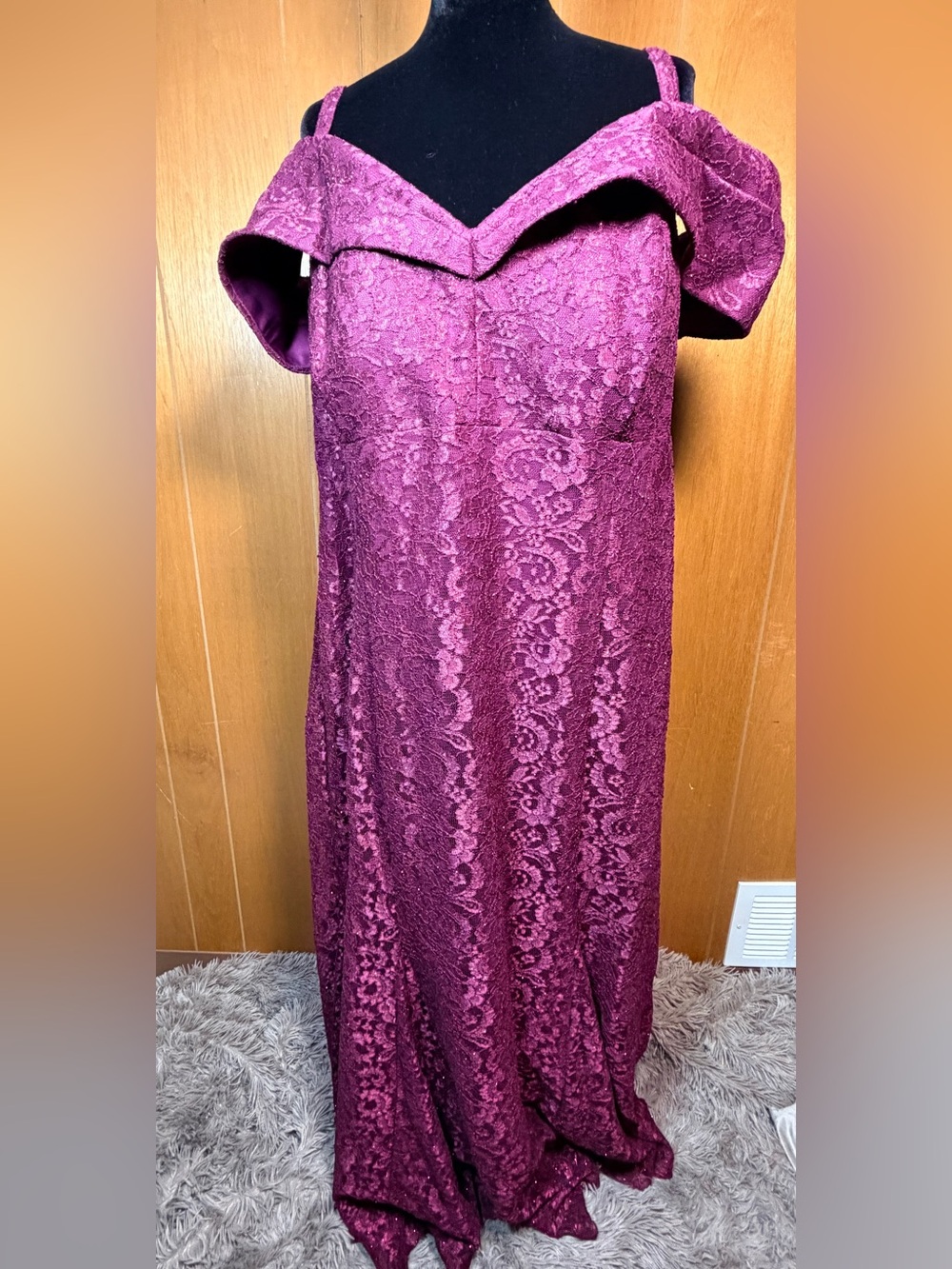 R&M Richards Plum Lace Off-Shoulder Gown 22W.